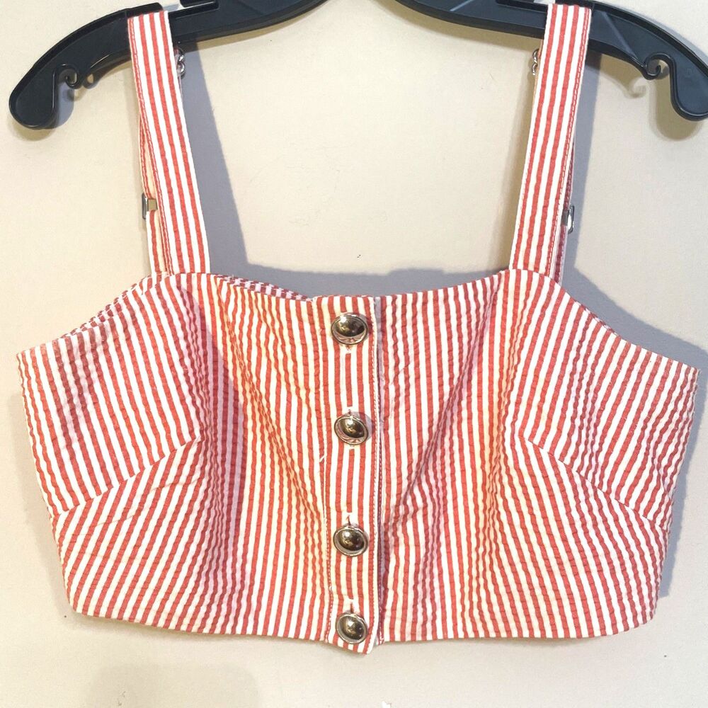 Anthropologie Maeve Women's Size SM Orange White Sleeveless  Strap Gingham Crop